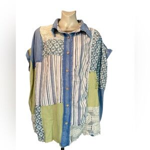 Blue Velvet Patchwork Button Down Bat-Wing Tunic/Shirt Sz S/M